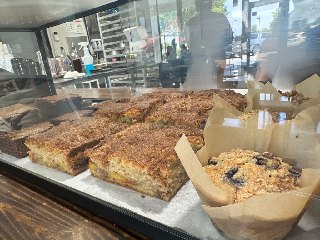Assorted baked bars and a muffin displayed behind a glass counter